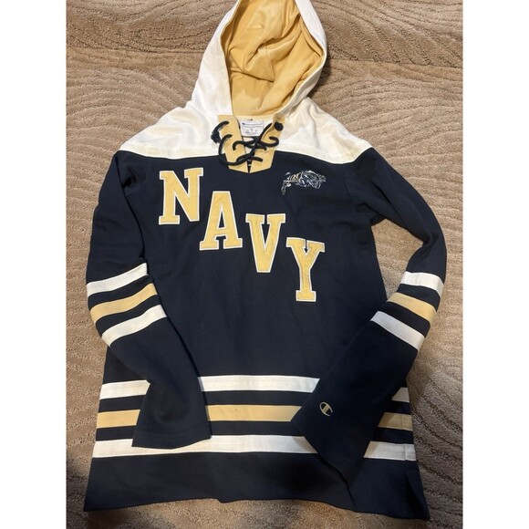 Champion Mens M US Navy Hoodie Sweatshirt Lace up Collar Embroidered Navy Logo - Picture 1 of 7